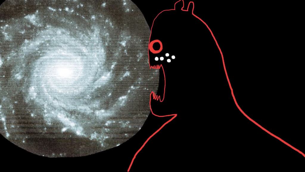 The image shows a collage of the drawing of a monster-like being and an image of a space phenomenon to its left. The being is drawn in profile, its contours are drawn in red and its mouth is open, seemingly biting into the round entity next to it. It is a film still of the movie  "My Galactic Twin Galaction" by Sasha Svirsky. 