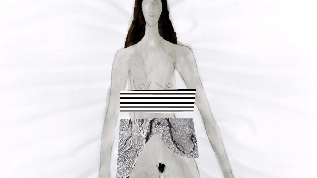 The images shows the drawing of a nude woman with two patterned fragments collaged on top of it. It is a film still from the short film "A Virgin Wind" by Sasha Svirsky. 