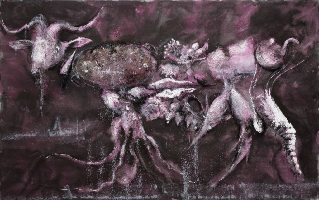 The image shows a painting in purple and shades of white. An ox's skull and a lobster can be made out in the left top and right bottom corner respectively. It is an art work by Miquel Barceló.
