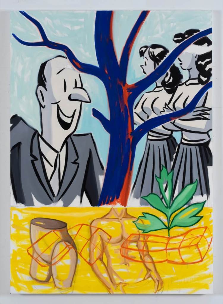 The image shows a heavily smiling man on the left and two female figures on the right side. The figures are divided by a blue tree trunk with red highlights in the center. On the bottom of the image, a fries-like bandeau with anatomical and geometric sketches and an oversized leaf are painted. It is a painting by the artist David Salle.